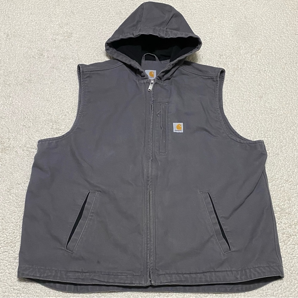 Carhartt Hooded Duck Canvas Vest Fleece Lined Size 2XLT Zip Pockets 103837 GVL